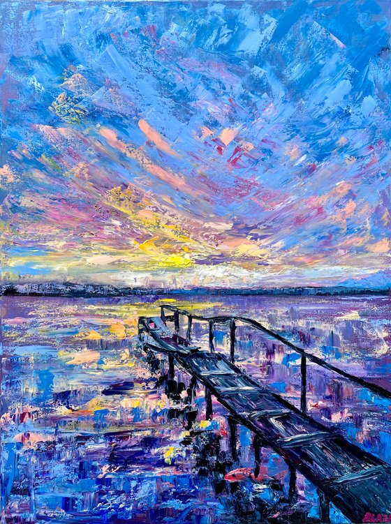 Sunset - Purple splash, 60*80cm, impressionistic landscape oil painting in purple, blue and pink