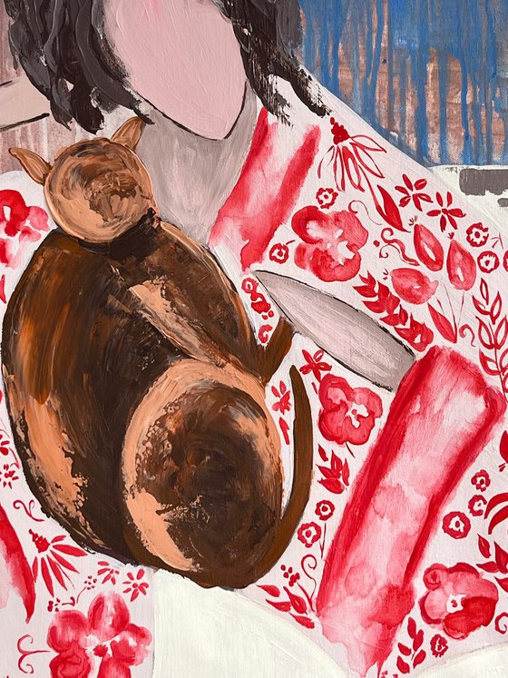 Woman Cat Reading Original Painting