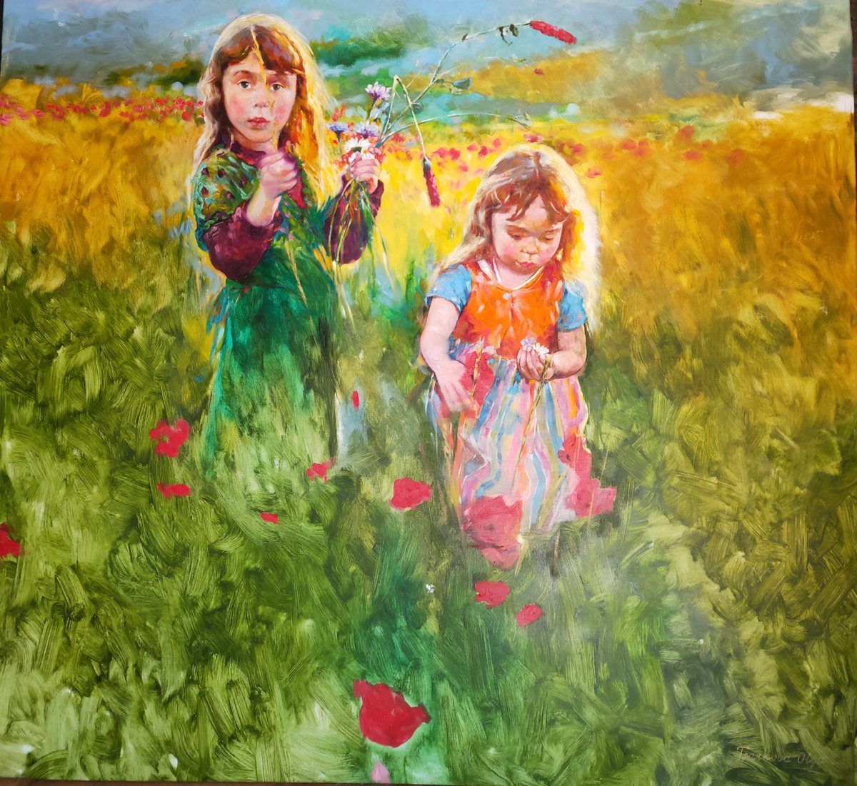 Two Sisters Painting Poppy Field Original Art by Olga Tsarkova by Olga Tsarkova