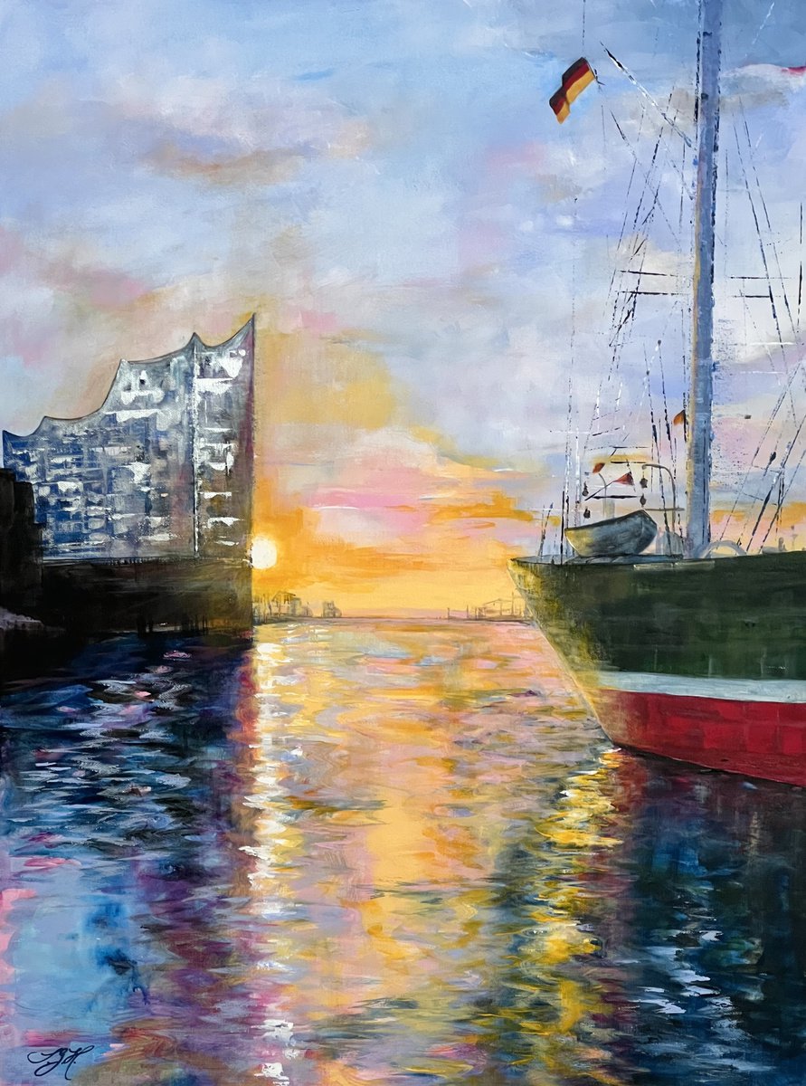 Impressionistic Cityscapes Acrylic Painting By Sandra Gebhardt-Hoepfner, 24 X 31", Harbour Sunrise, Original Artwork