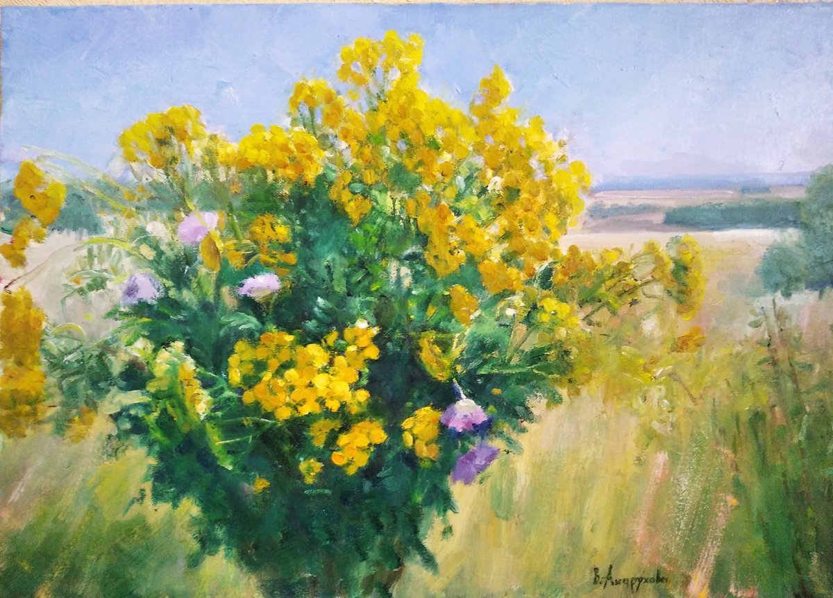Impressionistic Botanical Oil Painting By Valentina Andrukhova, 19 X 13", Tansy, Original Artwork