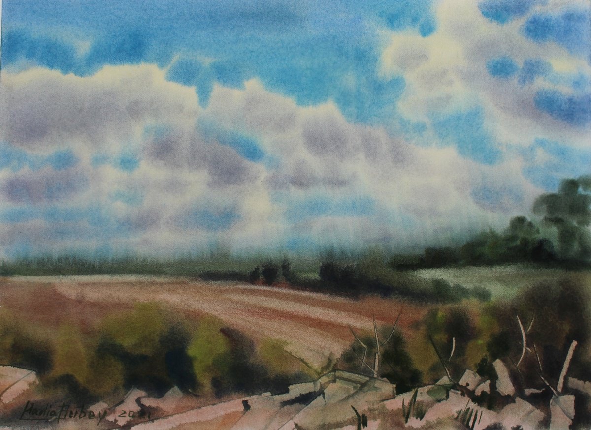 Impressionistic Landscape Watercolour By Nadiia Dubei, 15 X 11", Ukrainian Fields.original., Original Artwork