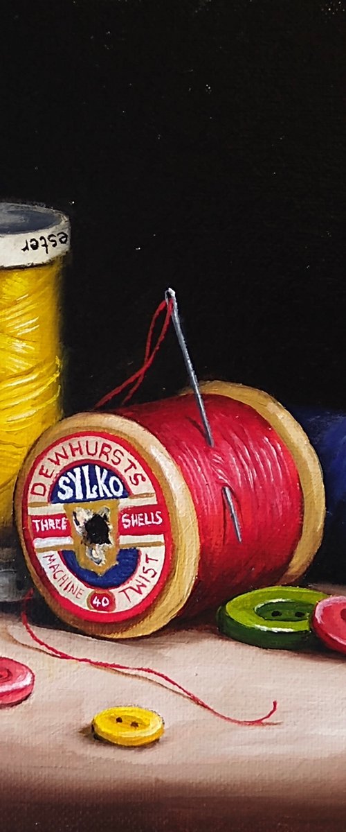 Threads and buttons still life by Jane Palmer Art