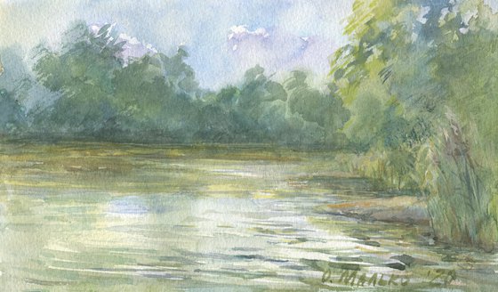 Pond atmosphere / Landscape in green tones. Original watercolor sketch. Small summer picture