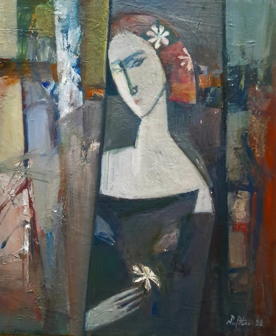 Girl with chamomile (50x60cm, oil/canvas, abstract portrait)