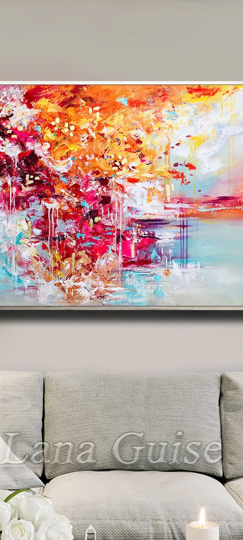 Vivid Dream - 48" Abstract Floral Painting, White Gray, Large Canvas, Gold Leaf, Minimalist Painting, Living Room Painting by Lana Guise