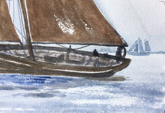 Barge sailing, an action filled watercolour painting.