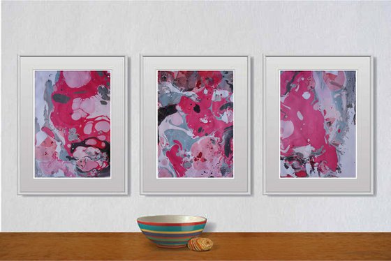 Set of 3 Fluid abstract original paintings on paper A4 - 18J006
