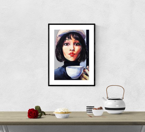 Girl with a cup of coffee, painting and print. Home decor