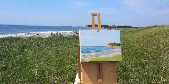 Surfing beach - plein air, original, one-of-a-kind oil on canvas impressionistic style painting