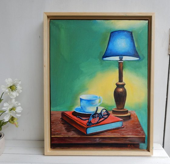 Still life: books and lamp. 30x40cm