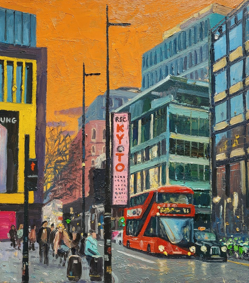 Impressionistic Cityscapes Oil Painting By Roberto Ponte, 14 X 16", Tottenham Court Rd London, Original Artwork