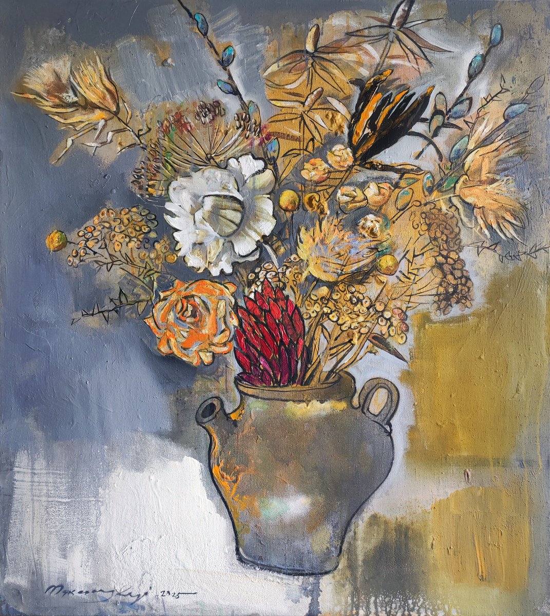 Impressionistic Still Life Acrylic Painting By Pavlo Makedonskyi, 35 X 39", Protea And Steppe Flowers, Original Artwork