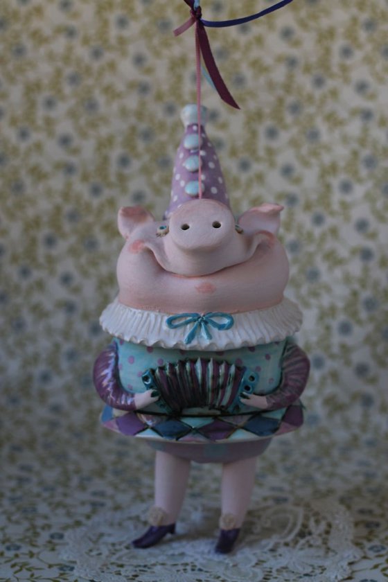 Happy Piglet Playing Accordion . Wall sculpture, bell doll by Elya Yalonetski