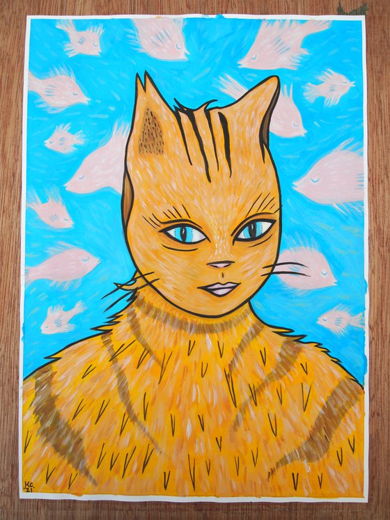 Cat Girl with Fish - Oil on paper