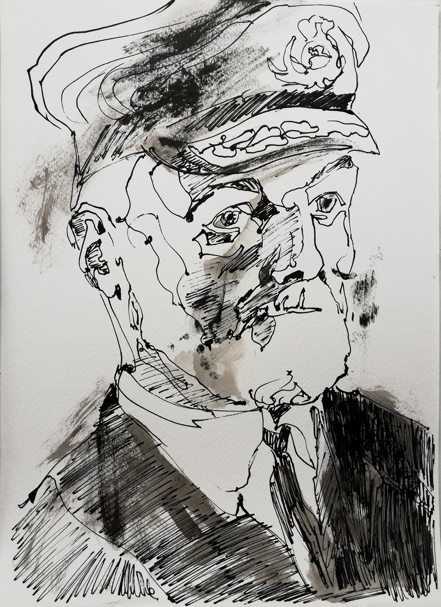Impressionistic Portrait Ink Drawing By Jelena Djokic, 11 X 16, Harbor People: Captain, Original Artwork