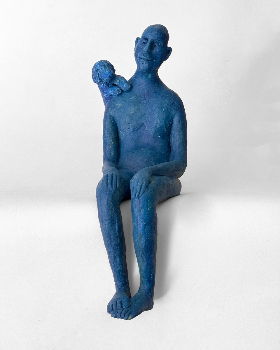 Expressive Animal Clay Sculpture By Sol Vil, 4 X 11", Blue Dreams, Original Artwork