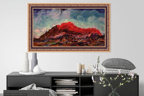 MOUNTAINS - Landscape - Oil Painting - Red Mountainscape 50x100cm