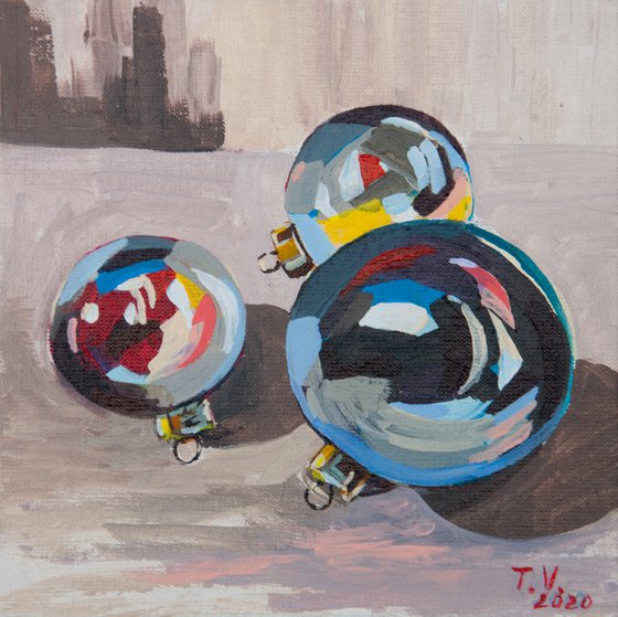 Christmas silver balls. Acrylic painting. Small Art 6 x 6 in.
