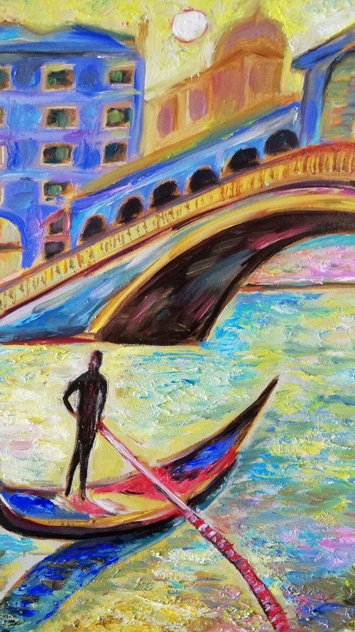Venice Rialto Bridge Original Oil Painting - Italian Landscape by Katia Ricci