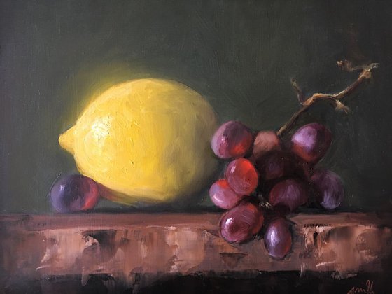 Lemon & Red Grapes; Classical still life oil painting.