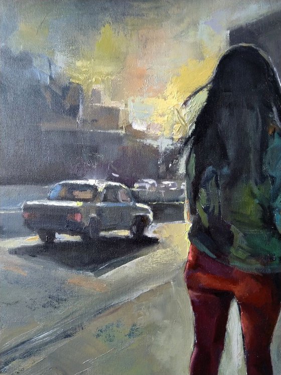 Stranger (60x50cm, oil painting, ready to hang, impressionistic oil painting, cityscape painting)