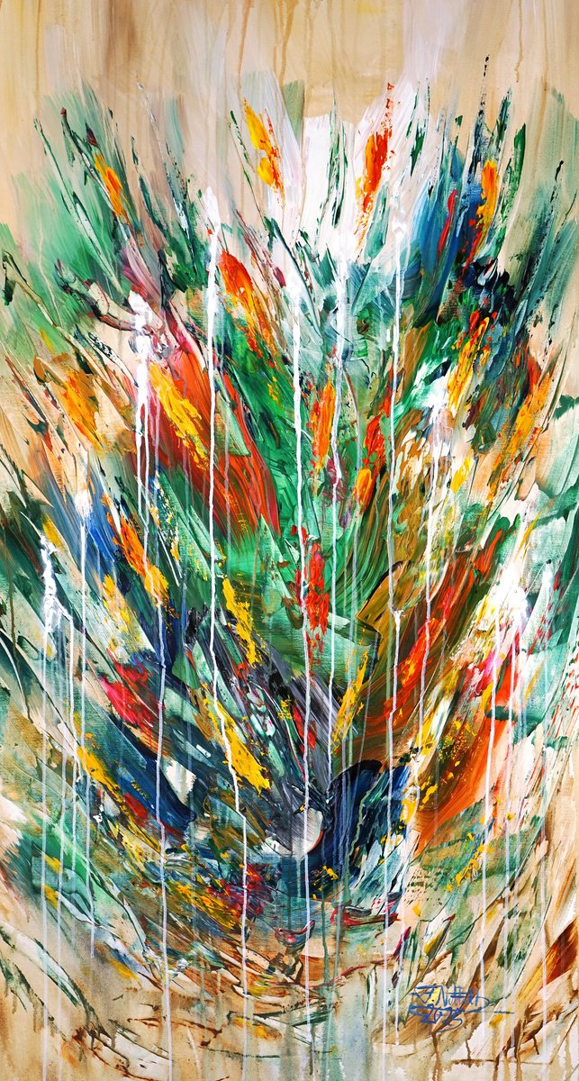 Abstract Acrylic Painting By Peter Nottrott, 33 X 61", Flowery Nature C 1, Original Artwork
