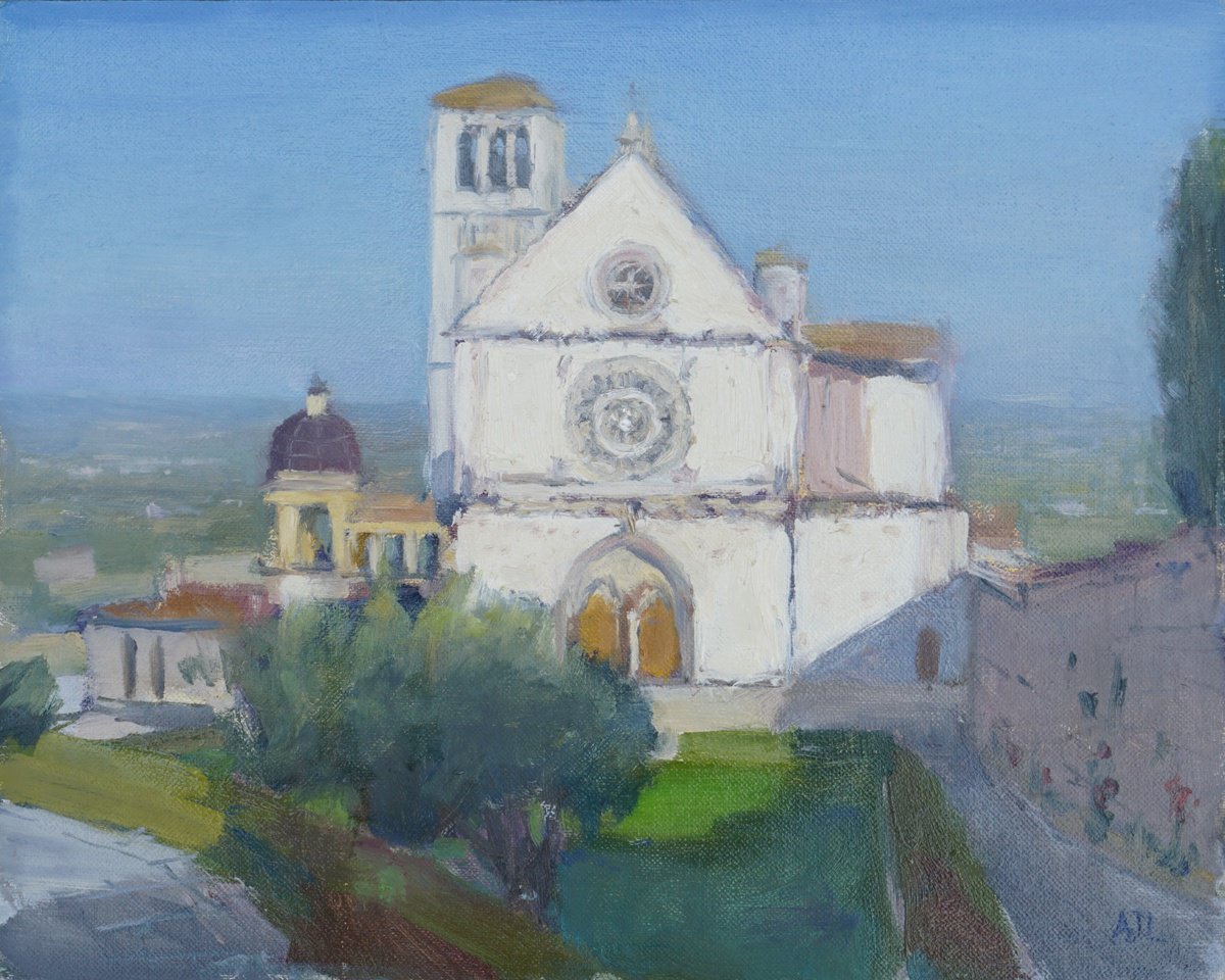 Impressionistic Cityscapes Oil Painting By Alex James Long, 12 X 9, The Basilica In Assisi, Original Artwork