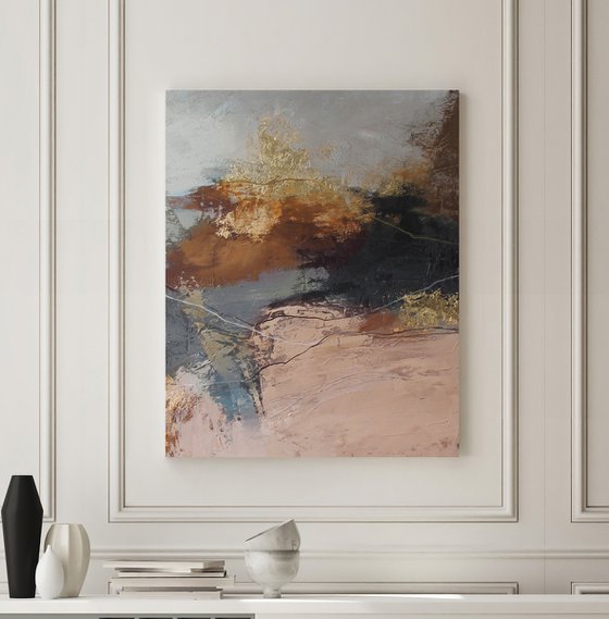 "Orange Flight 4" Abstract brown gray gold