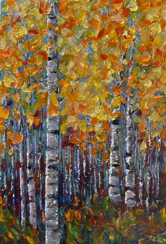 Fall Aspen Trees impasto with Palette Knife - Reserved for Colleen.