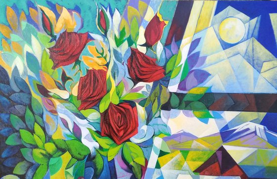Still life with roses (80x90cm, cubism, oil painting, ready to hang)