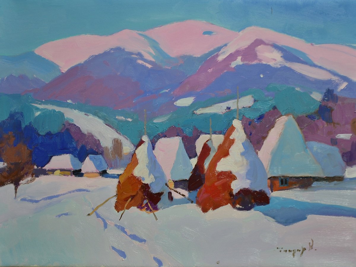 Impressionistic Landscape Oil Painting By Alexander Shandor, 31 X 24, Snow Covered Haystacks, Original Artwork