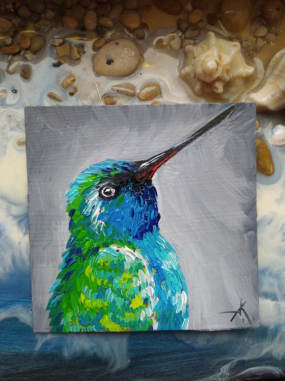 Bird - oil painting, animal, birds, gift idea, small size, postcard size, postcards, hummingbird