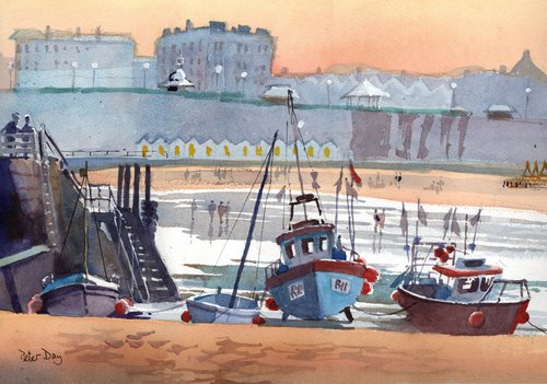 Broadstairs, Viking Bay. 'End of Summer'. Beach, boats, jetty and cliffs by Peter Day