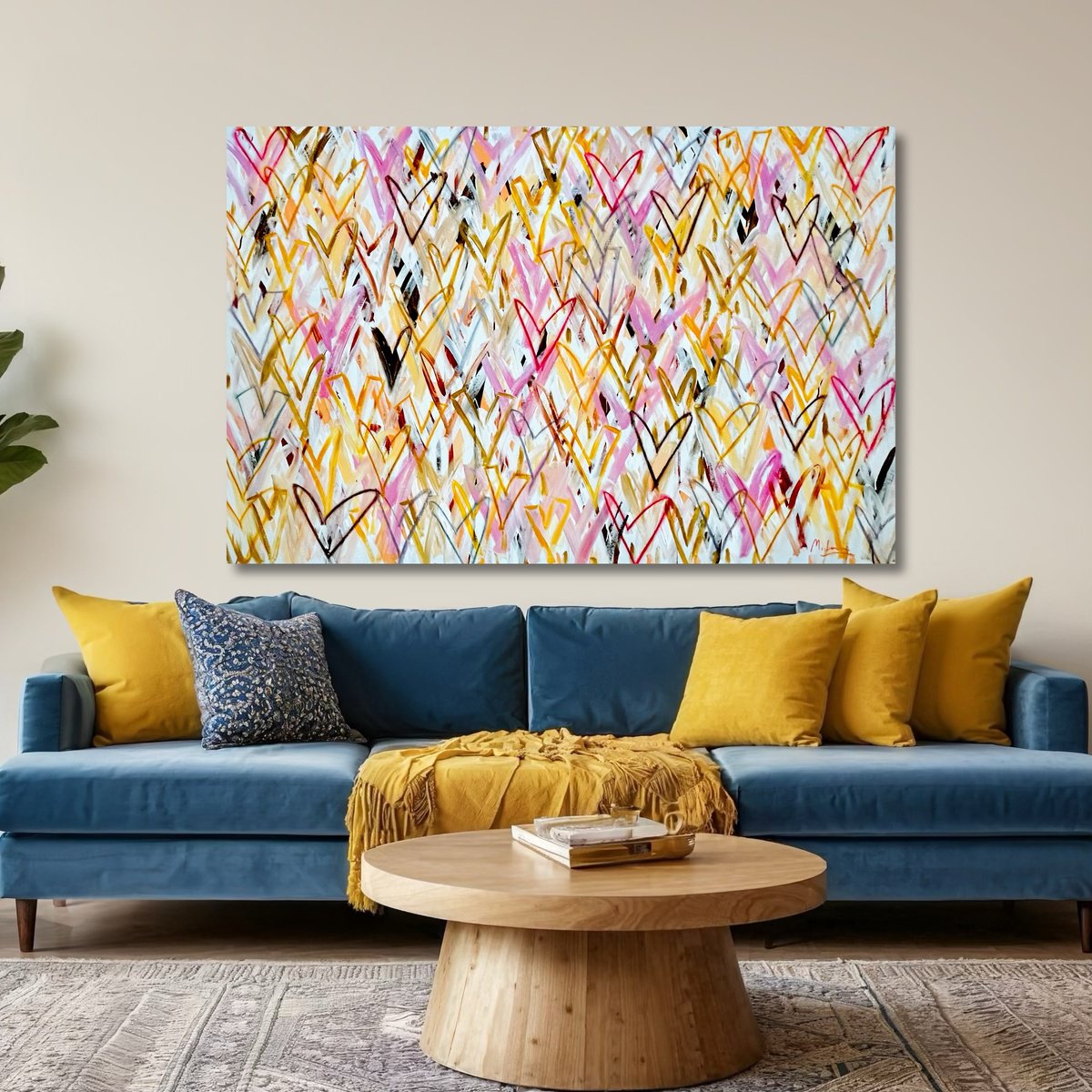 Urban And Pop Abstract Acrylic Painting By Mercedes Lagunas, 63 X 39", Love In Marzo, Original Artwork