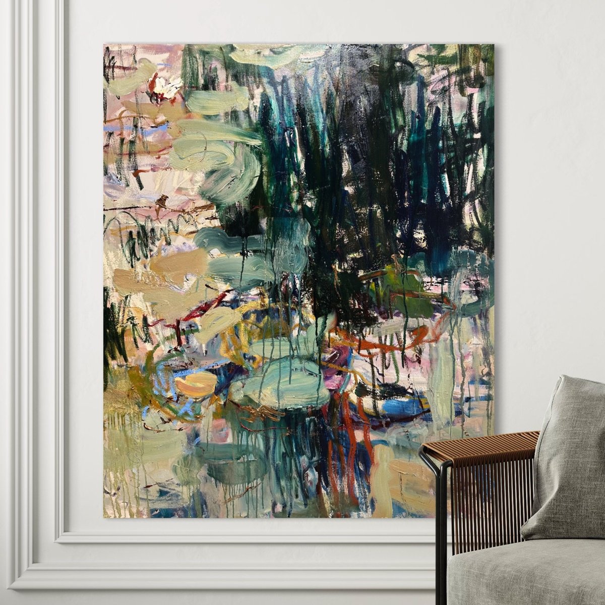 Expressive Landscape Oil Painting By Lilia Orlova-Holmes, 39 X 47", Lily Pond. Last Days Of Summer., Original Artwork