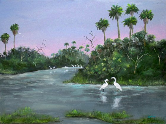 Florida Egrets - acrylic original painting on stretched canvas