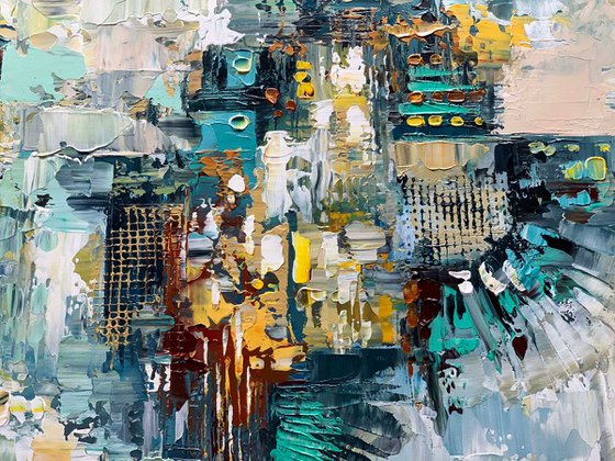 Abstract Painting - Being In The Flow Original Cityscape White Grey Aqua Blue Painting