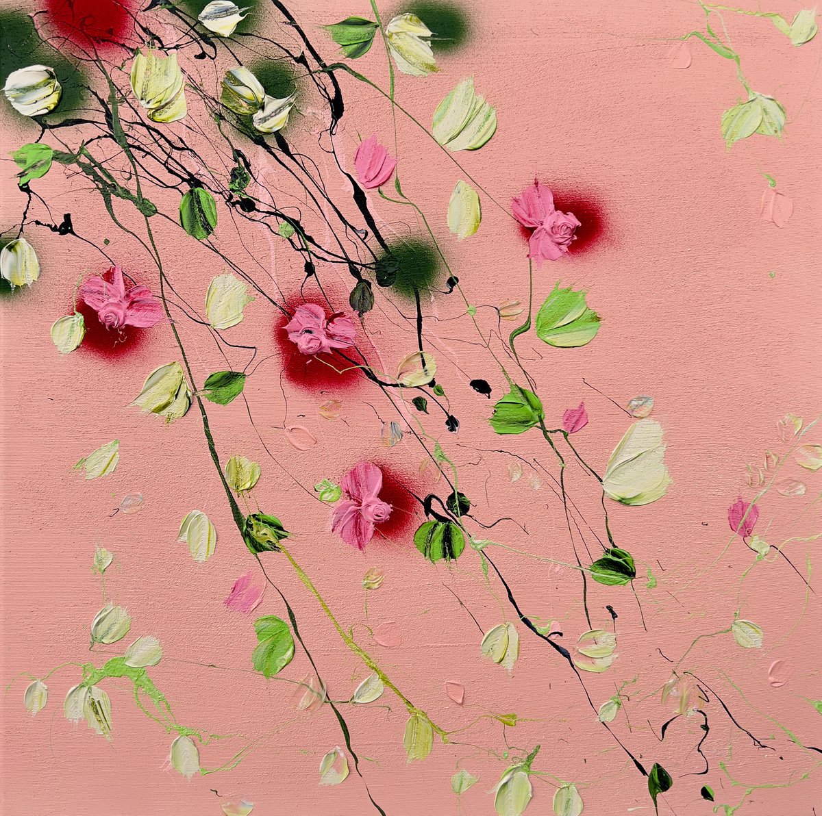 Square acrylic structure painting with flowers Rose Day II - � by Anastassia Skopp