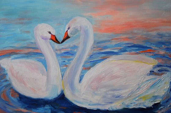 Oil painting Swans on Reykjavik Lake