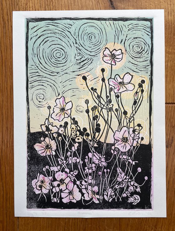 Anemones - Flower Contemporary Linocut Print