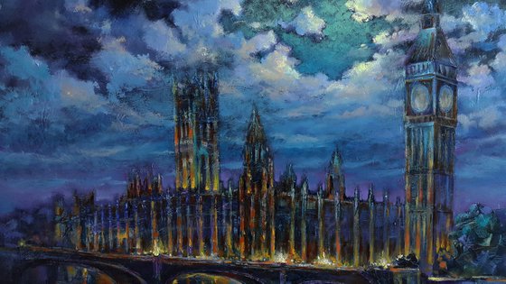 Moonlit Night - London, landscape original oil painting