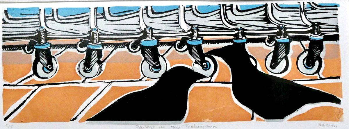 Photorealistic Animal Linocut By Keith Alexander, 20 X 8", Ravens In The Trolleypark, Original Artwork