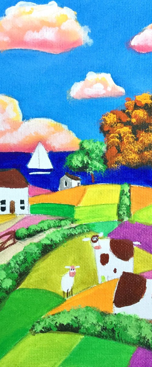 Sheep and cows naive art painting by Gordon Bruce