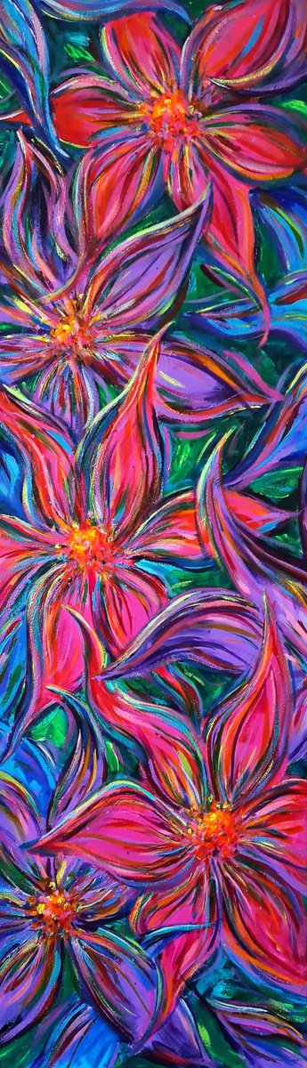 Impressionistic Botanical Acrylic Painting By Dawn Underwood, 12 X 39, Flowers, Original Artwork