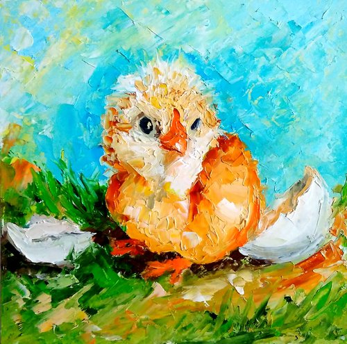 Happy birthday, Baby Chicks Painting Bird Original Art Farm Artwork Small Impasto Oil Wall Art by Yulia Berseneva