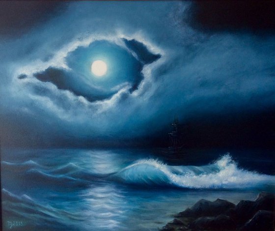 Moonlit night on the seashore, sea landscape