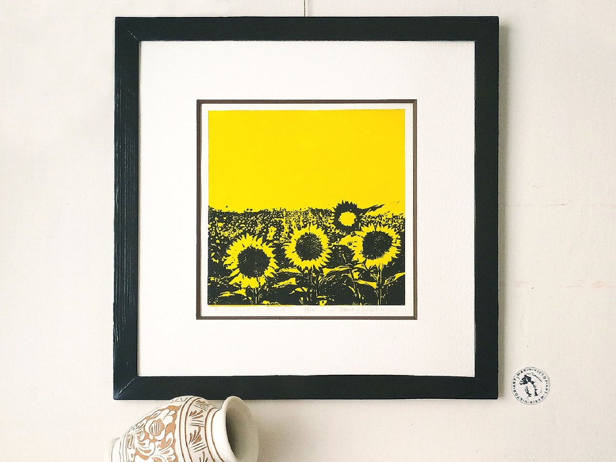 Botanical Linocut By Marin Victor, 9 X 9", Yellow Sunflower Filed, Original Artwork