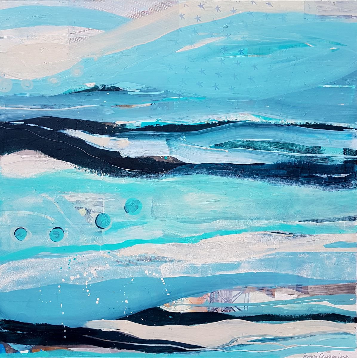 Organic Landscape Acrylic Painting By Suzie Cumming, 39 X 39", Bathing In Aqua, Original Artwork