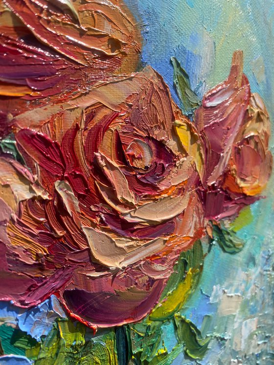 Roses in a vase, 35*45cm, impressionistic flowers oil painting in pink and turquoise